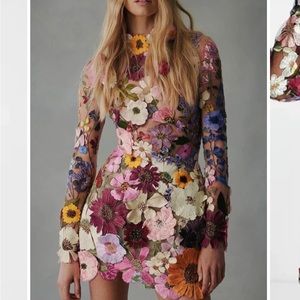 Sheer mini dress with embroidered 3D flowers